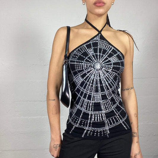 Vintage 2000's Morgan Clubwear Black Neckholder Top with Strass and Rhinestones Web Decorative Motives (S)