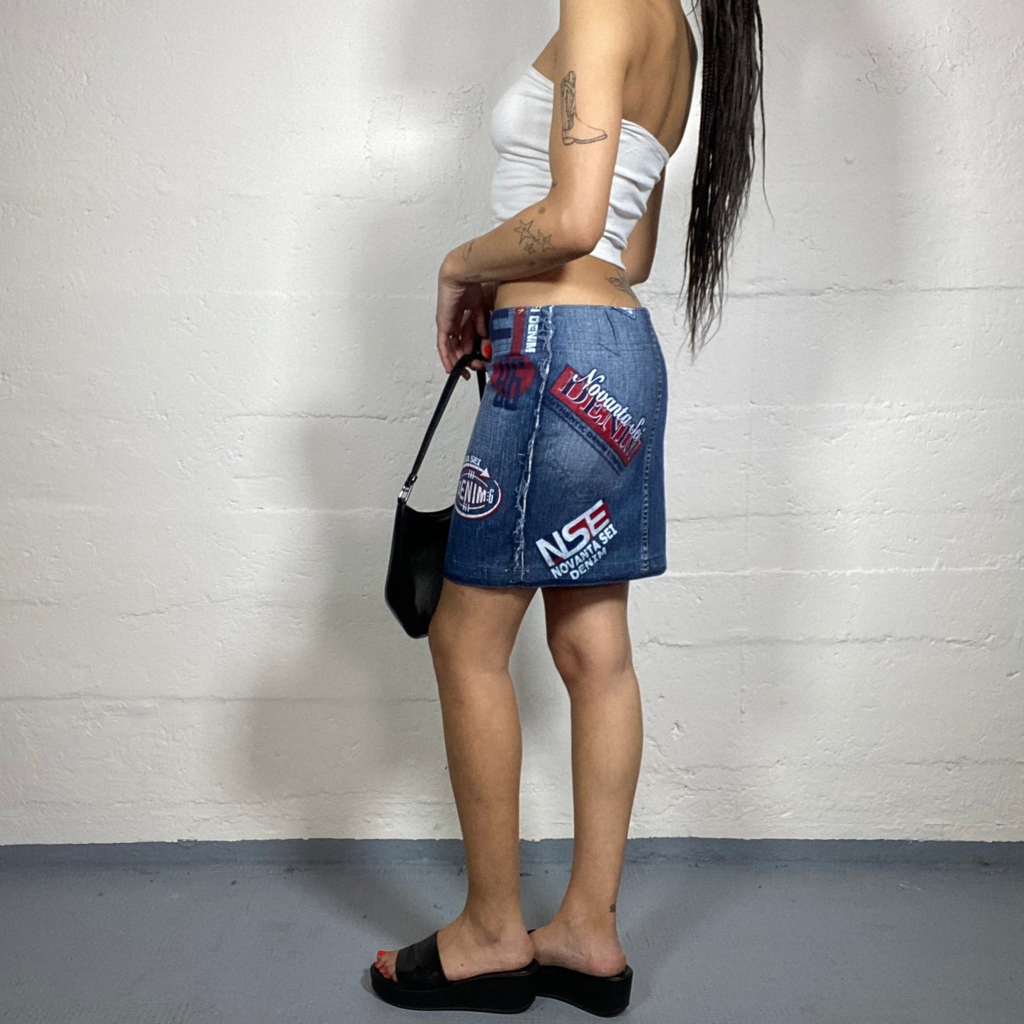 Vintage 2000's Rave Girl Denim Mini Skirt with Stamped Print Detail (S/M)