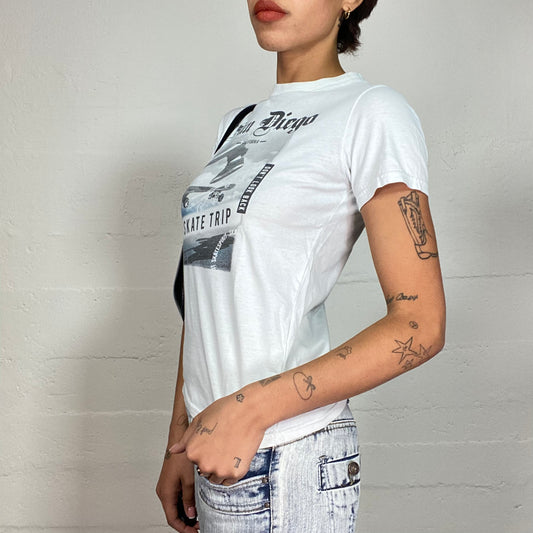 Vintage 2000's Sporty White Tee with Blue Skater Print (S/M)