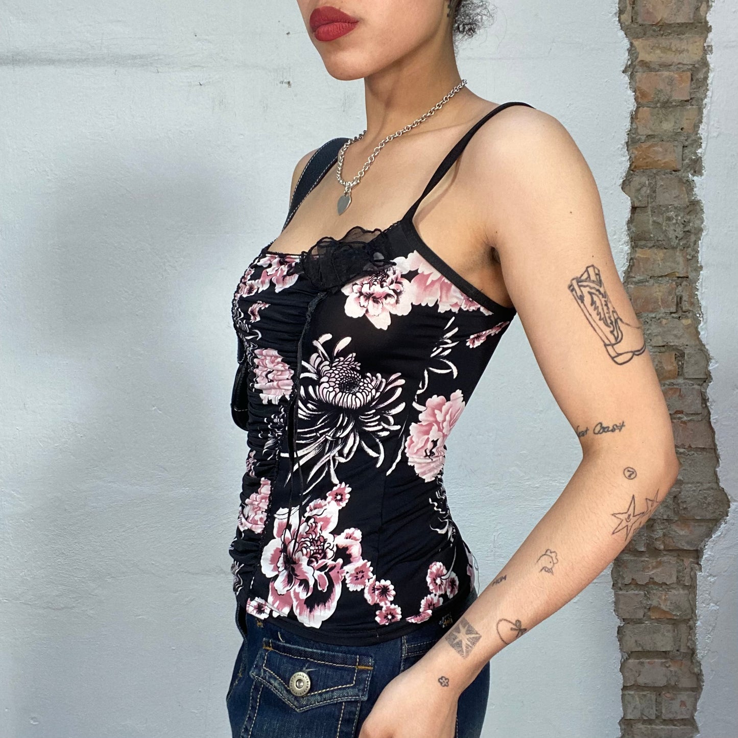 Vintage 2000's Coquette Black and Pink Floral Top with Black Mesh Flower Detail (S)