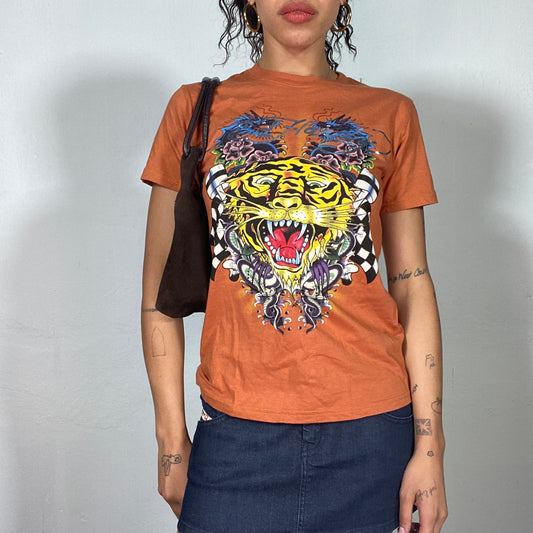 Vintage 2000's Ed Hardy Vibrant Orange Tee with Fierce Tiger Graphic (S)