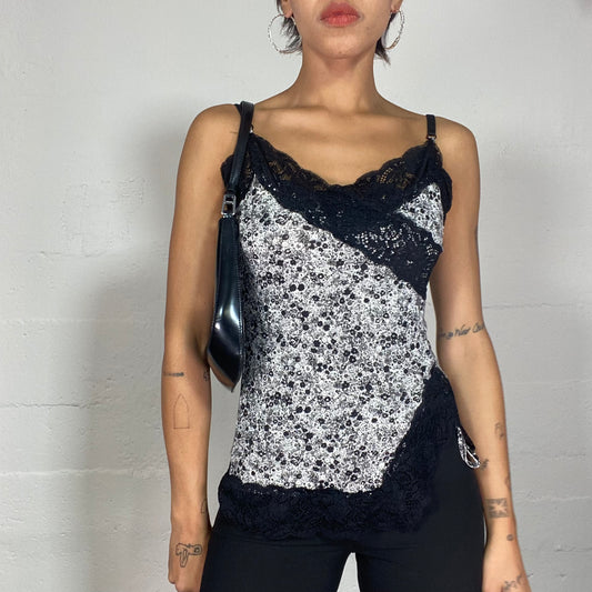 Vintage 2000's Downtown Girl Black Floral Top with Lace Trim Detail (S)