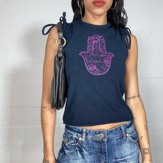 Vintage 2000's Boho Black Top with Floral Purple Decorative Fatima's Hand Print (S)