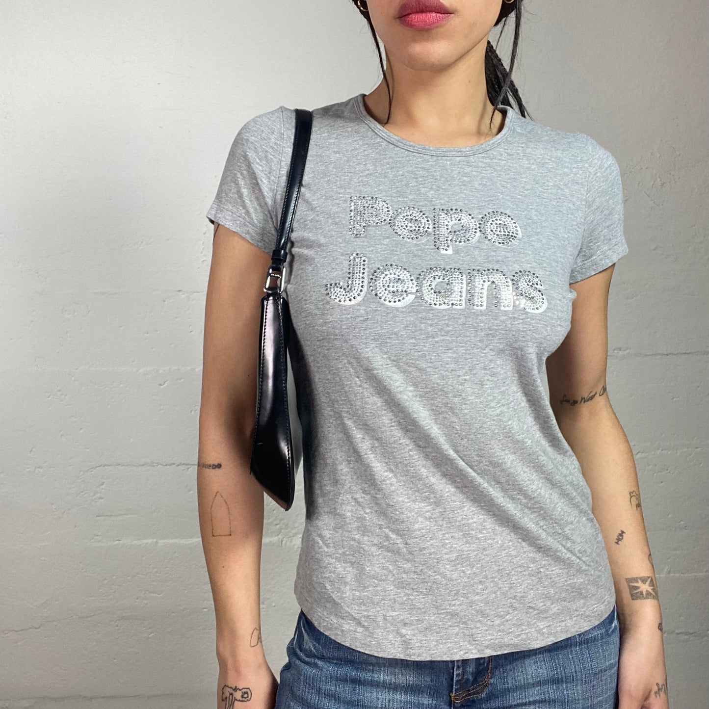 Vintage 2000's Pepe Jeans Downtown Girl Grey Top with Strass Brand Print Detail (S)