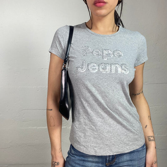 Vintage 2000's Pepe Jeans Downtown Girl Grey Top with Strass Brand Print Detail (S)
