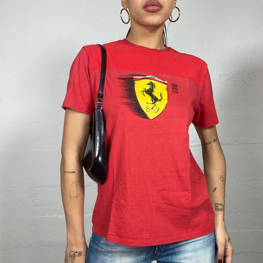 Vintage 2000's Ferrari Sporty Red Oversized Tee with Big Yellow Brand Logo Print (M)