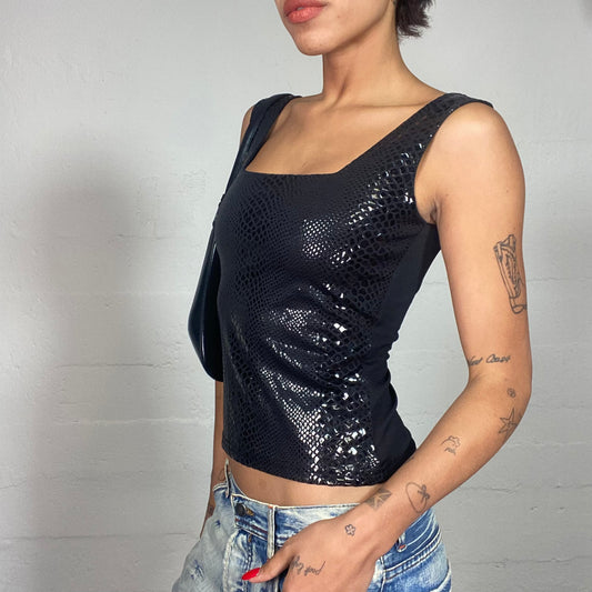 Vintage 2000's Clubwear Black Top with Vinyl Serpent Print (S)