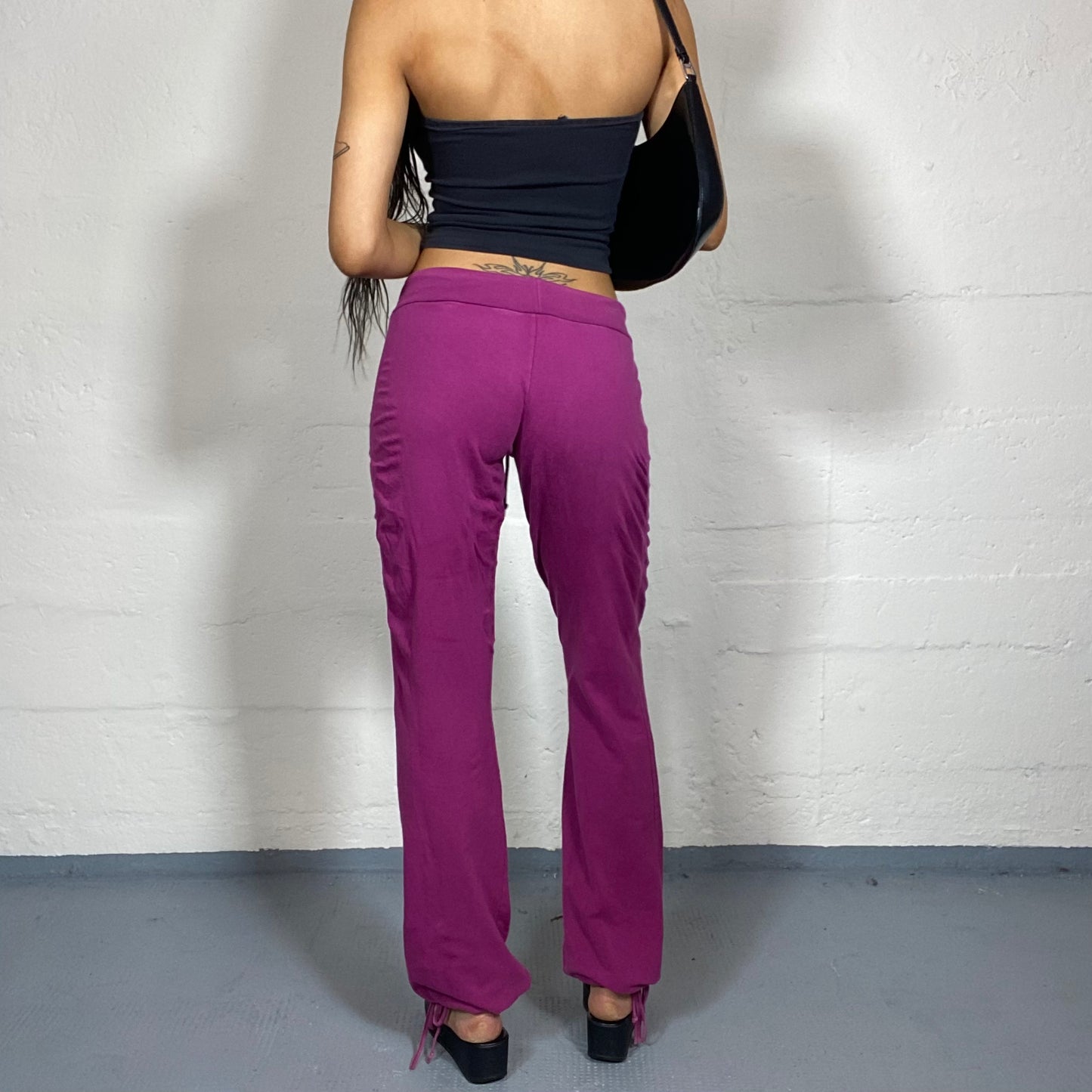 Vintage 2000's Cute Girl Purple Low Waist Velvet Track Pants with Hello Kitty Strass Heart Print Detail (S)