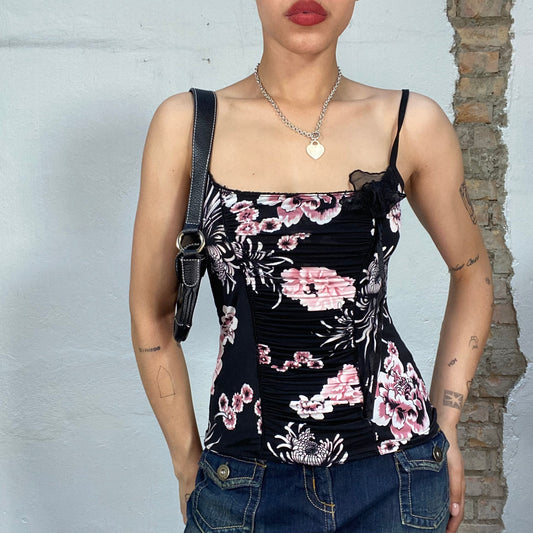 Vintage 2000's Coquette Black and Pink Floral Top with Black Mesh Flower Detail (S)