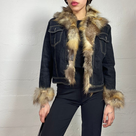 Vintage 2000's Bratz Dark Denim Jacket with Brown Fur Necklne Detail (M)