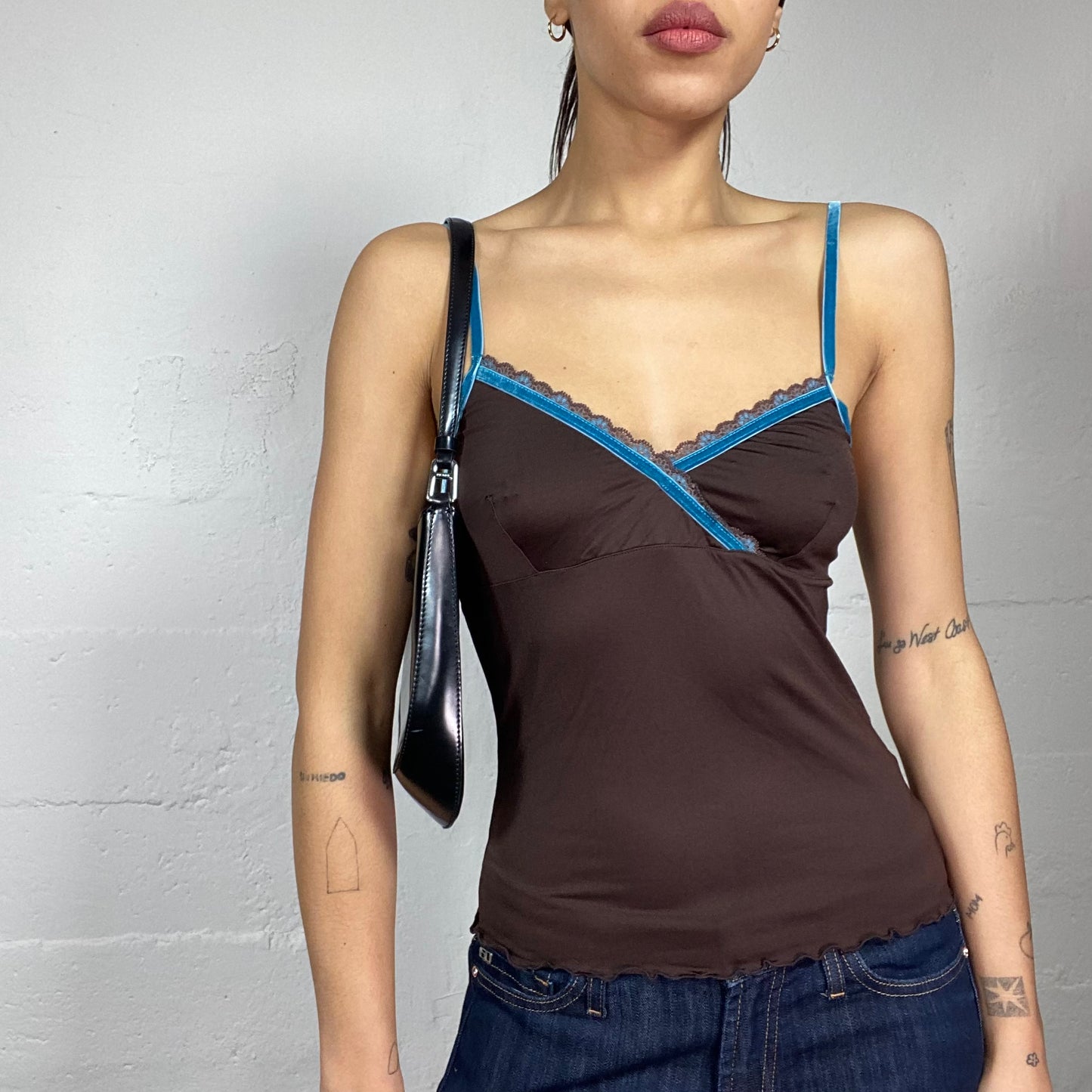 Vintage 2000's Downtown Girl Brown Cami Top with Blue Lining Detail (S)