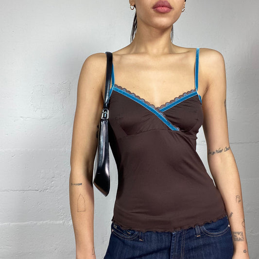 Vintage 2000's Downtown Girl Brown Cami Top with Blue Lining Detail (S)