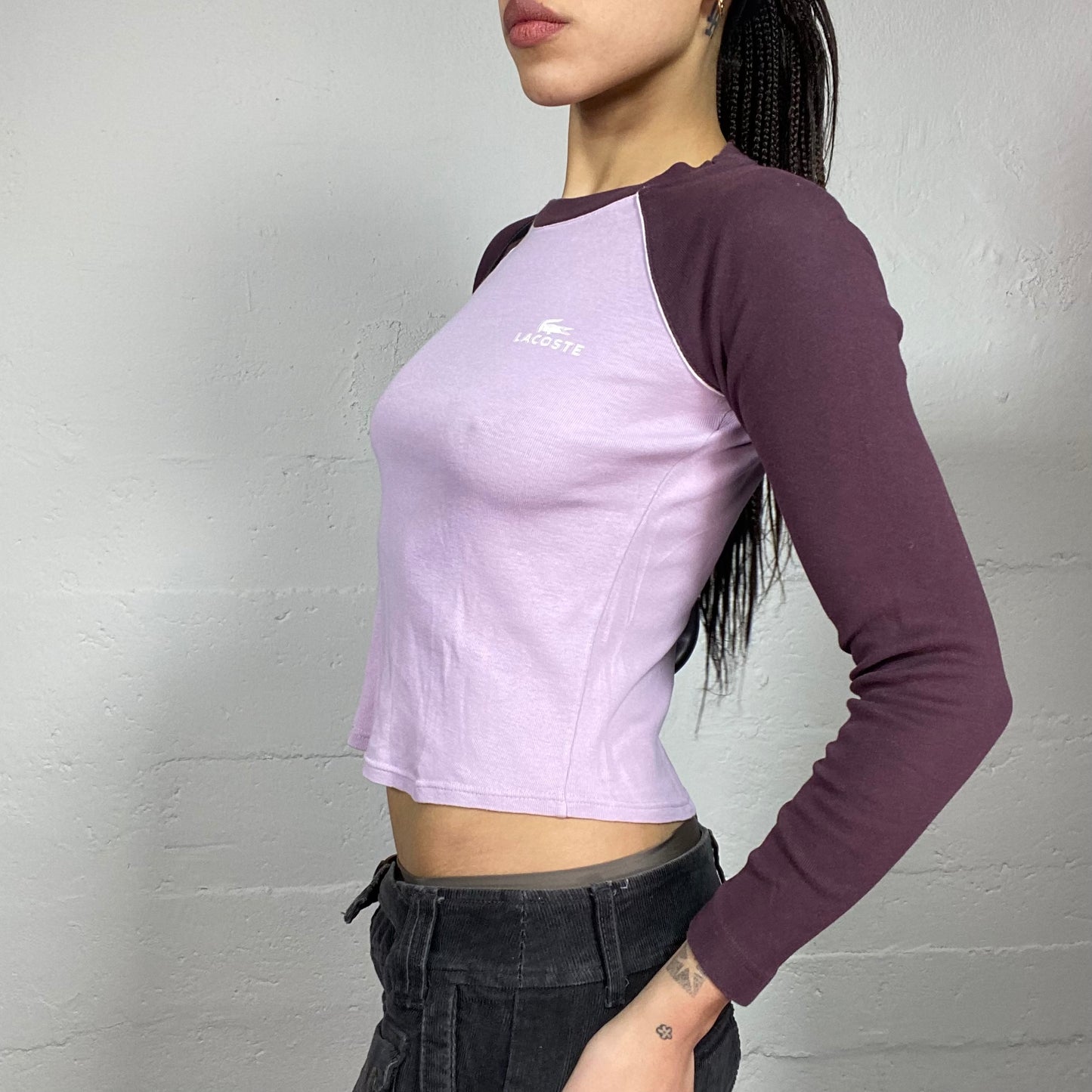 Vintage 90's Lacoste College Girl Purple Longsleeve Top with Colour Tone Detail (S)