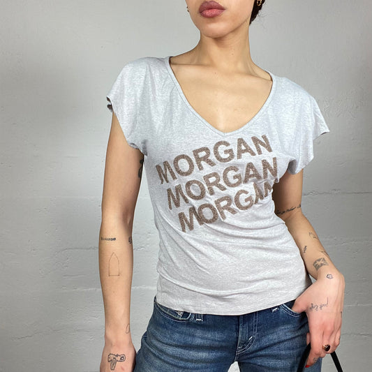 Vintage 2000's Morgan Downtown Girl Grey Top with Golden Glitter Brand Print (S)