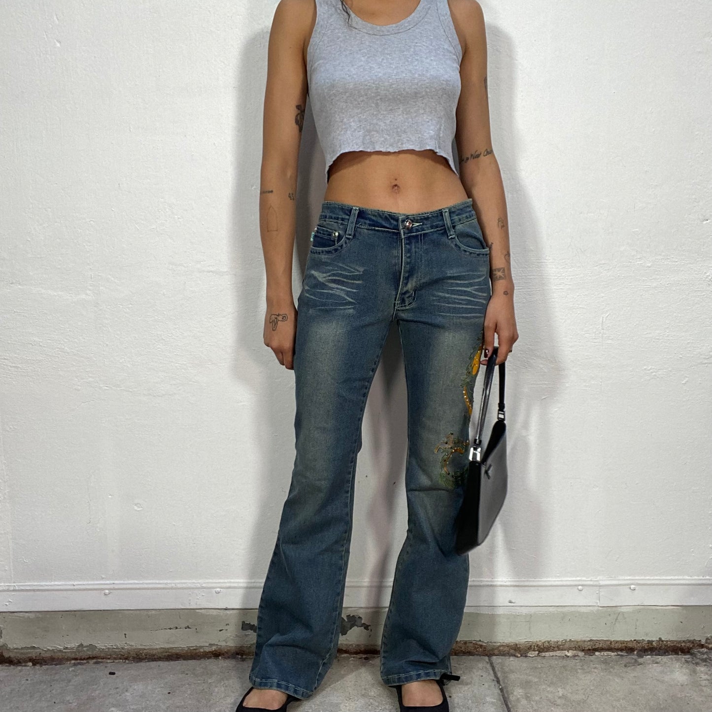 Vintage 2000's Archive Low Waist Jeans with Yellow Dragon Embroidery (S)