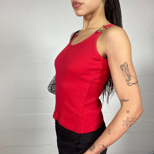 Vintage 90's Model Off Duty Red Top with Hooked Straps Detail (S)