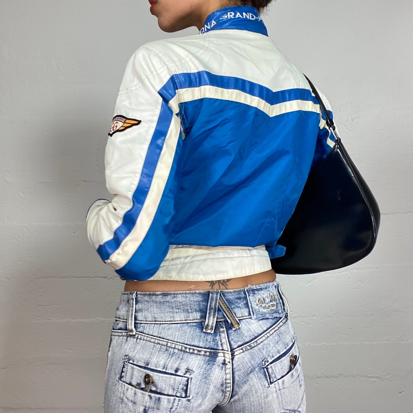 Vintage 2000's Sporty Girl Blue Short Racer Jacket with White Patches (M)