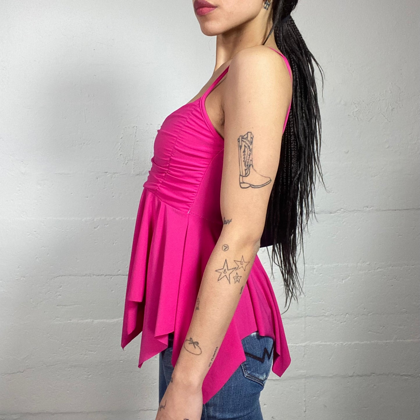 Vintage 2000's Downtown Girl Fuchsia Frilled Top with Layered Asymmetric Cut Detail (S)