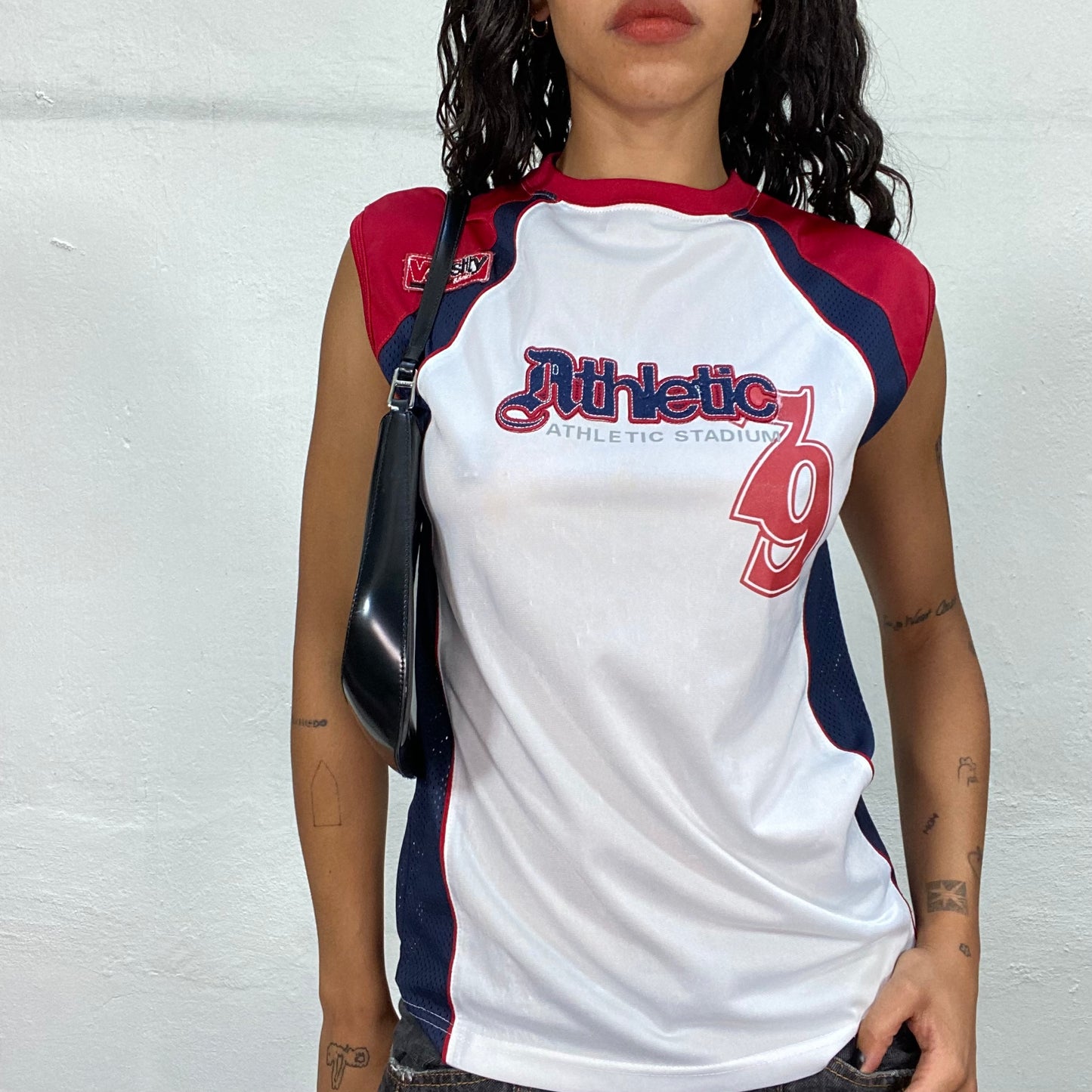 Vintage 90's Sporty White and Red Sleevless Top with "Athletic Stadium 79" Print (S/M)