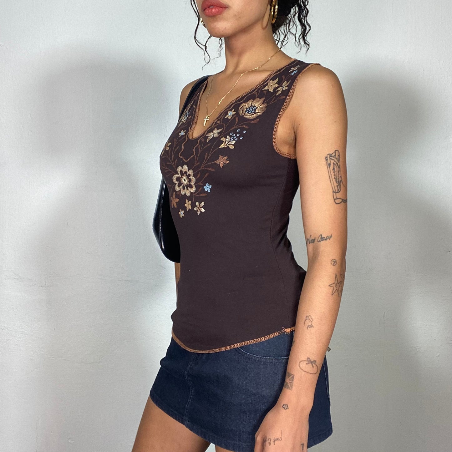 Vintage 90's Hippie Brown Top with Floral Neckline Embroidery (S)