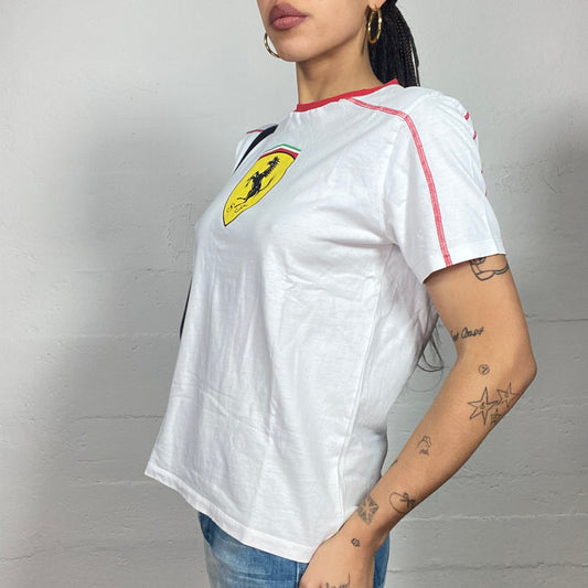 Vintage 2000's Ferrari Sporty White Oversized Tee with Big Yellow Brand Logo Print (M)
