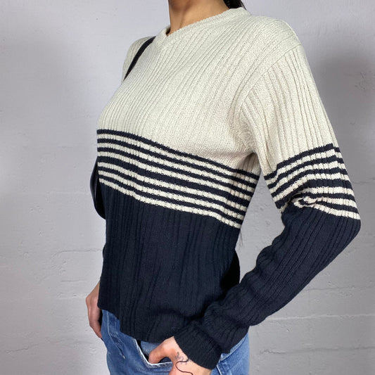 Vintage 90's Joey Off White Pullover with Navy Stripes Print (M/L)