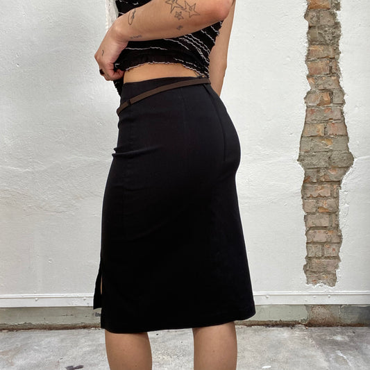 Vintage 90's Classic Black Midi Skirt with Side Slit and Brown Thin Belt (S)