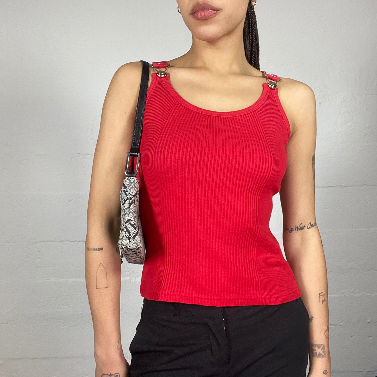 Vintage 90's Model Off Duty Red Top with Hooked Straps Detail (S)