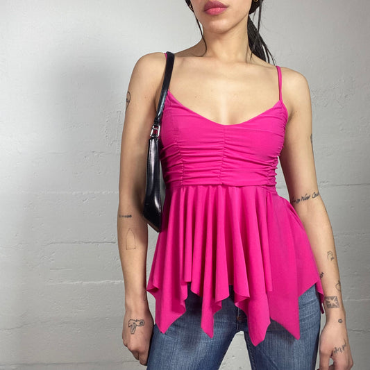 Vintage 2000's Downtown Girl Fuchsia Frilled Top with Layered Asymmetric Cut Detail (S)