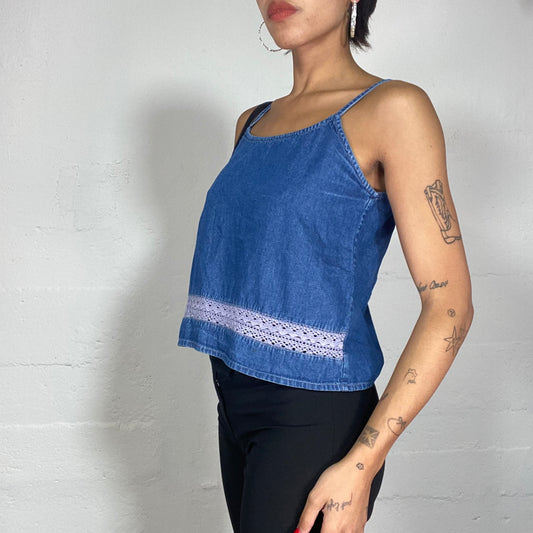 Vintage 90's Hippie Denim Top with Lilac Crochet Trim Detail (S/M)