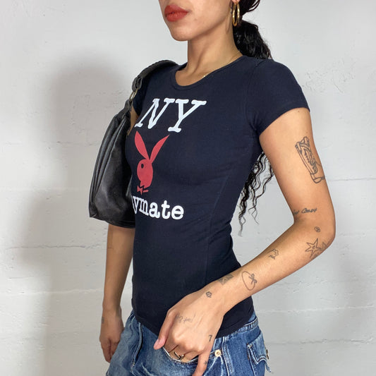 Vintage 2000's Playboy Downtown Girl Black Top with White "NY Playmate" Print and Red Logo Detail (S)