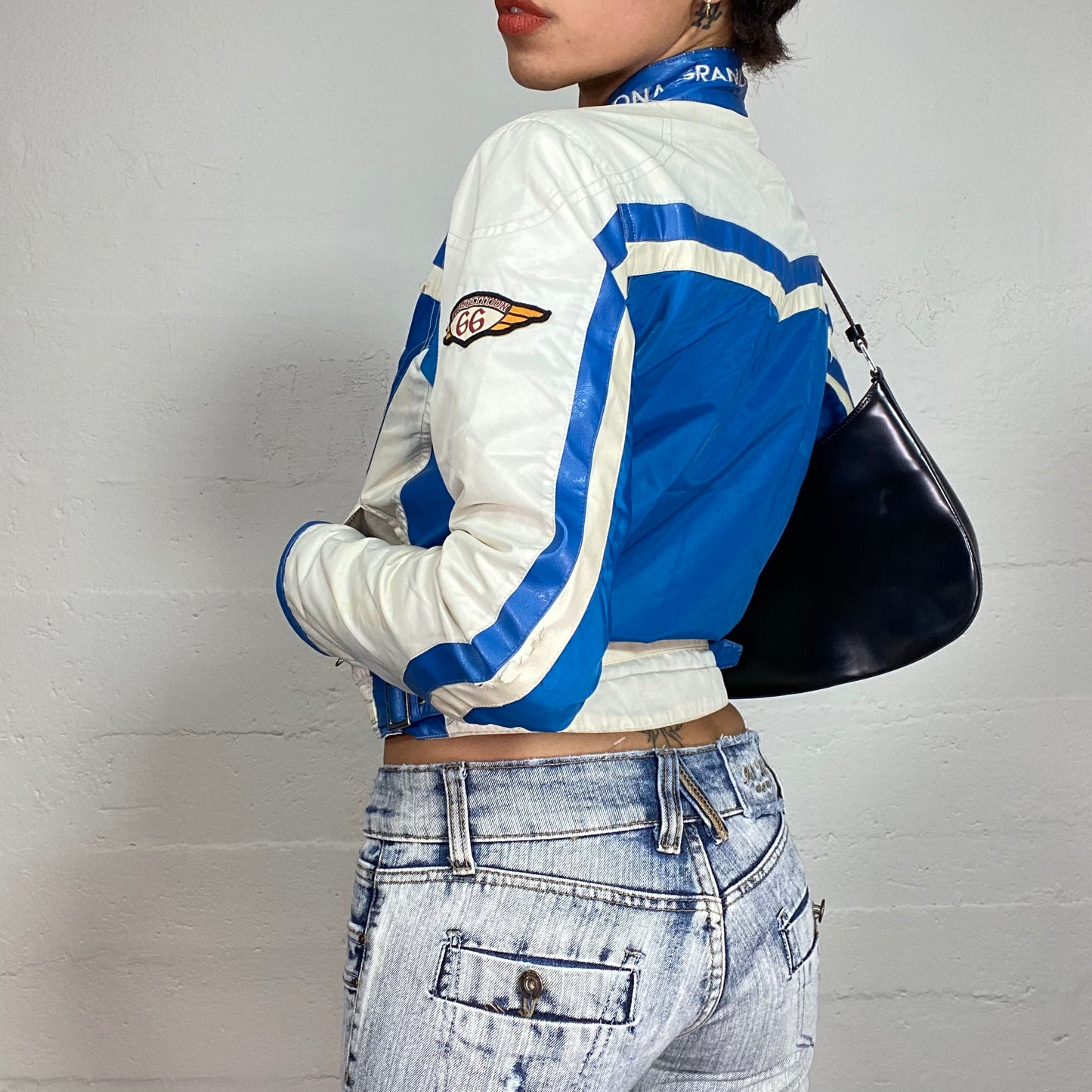 Vintage 2000's Sporty Girl Blue Short Racer Jacket with White Patches (M)