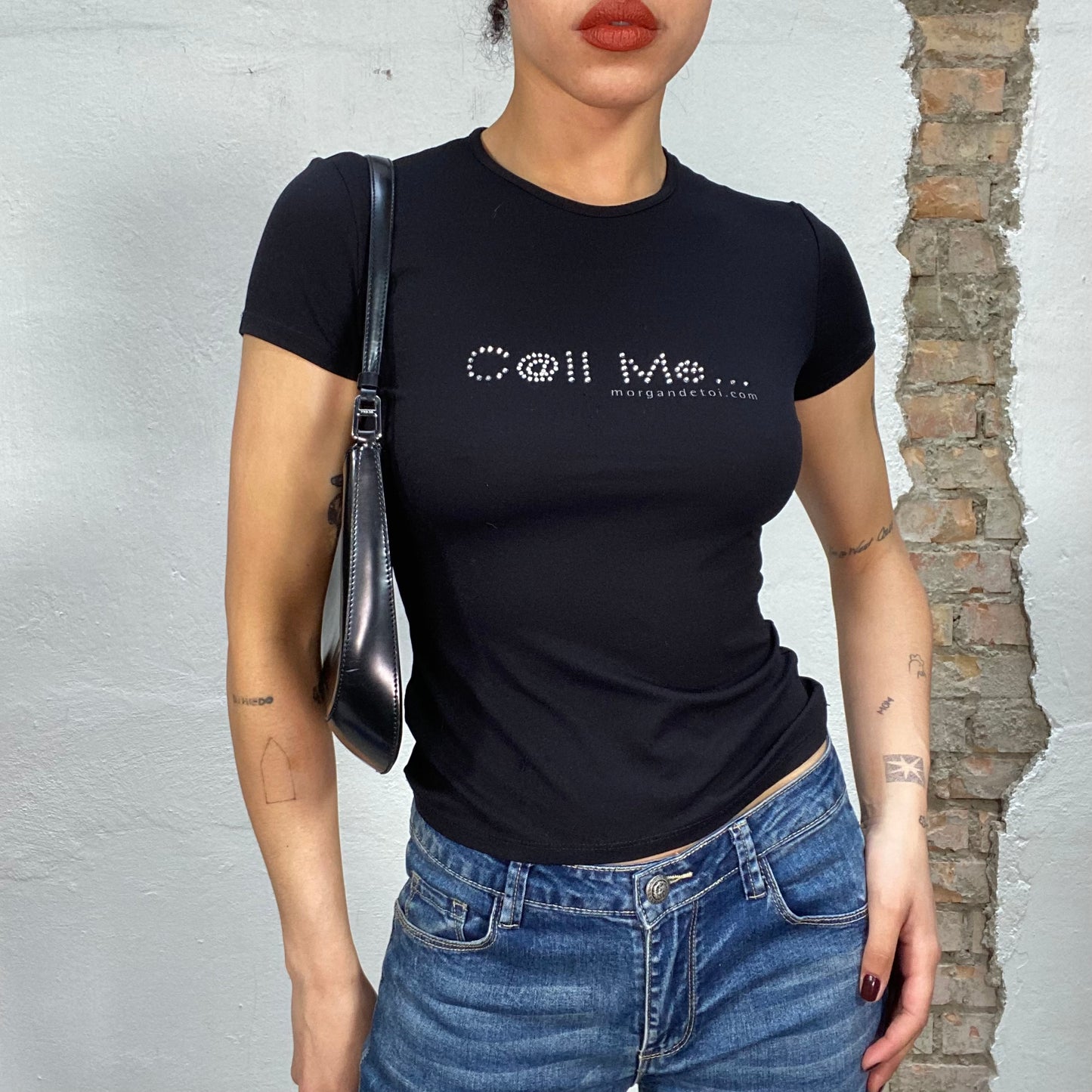 Vintage 2000's Morgan de Toi Black Baby Tee with 'Call me..' Print (S)