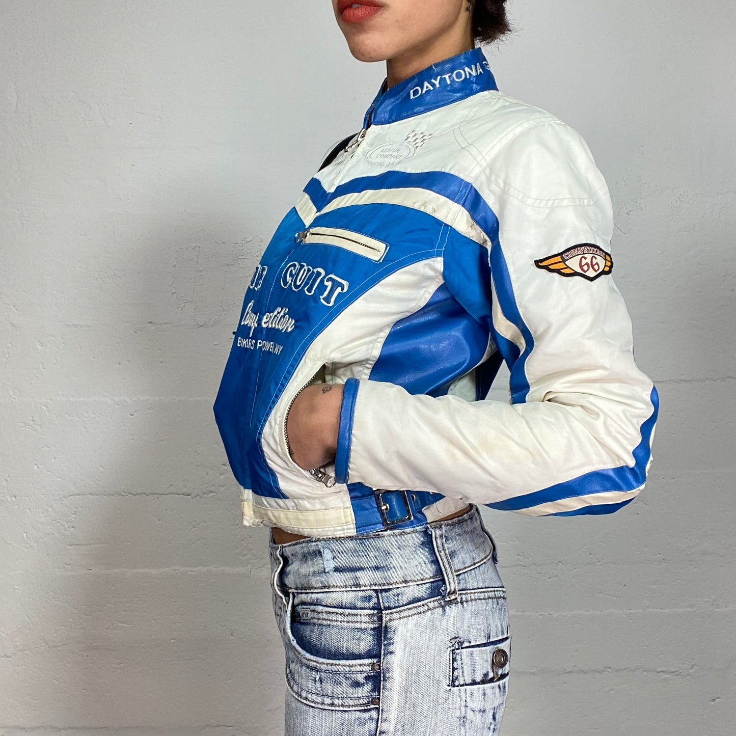 Vintage 2000's Sporty Girl Blue Short Racer Jacket with White Patches (M)