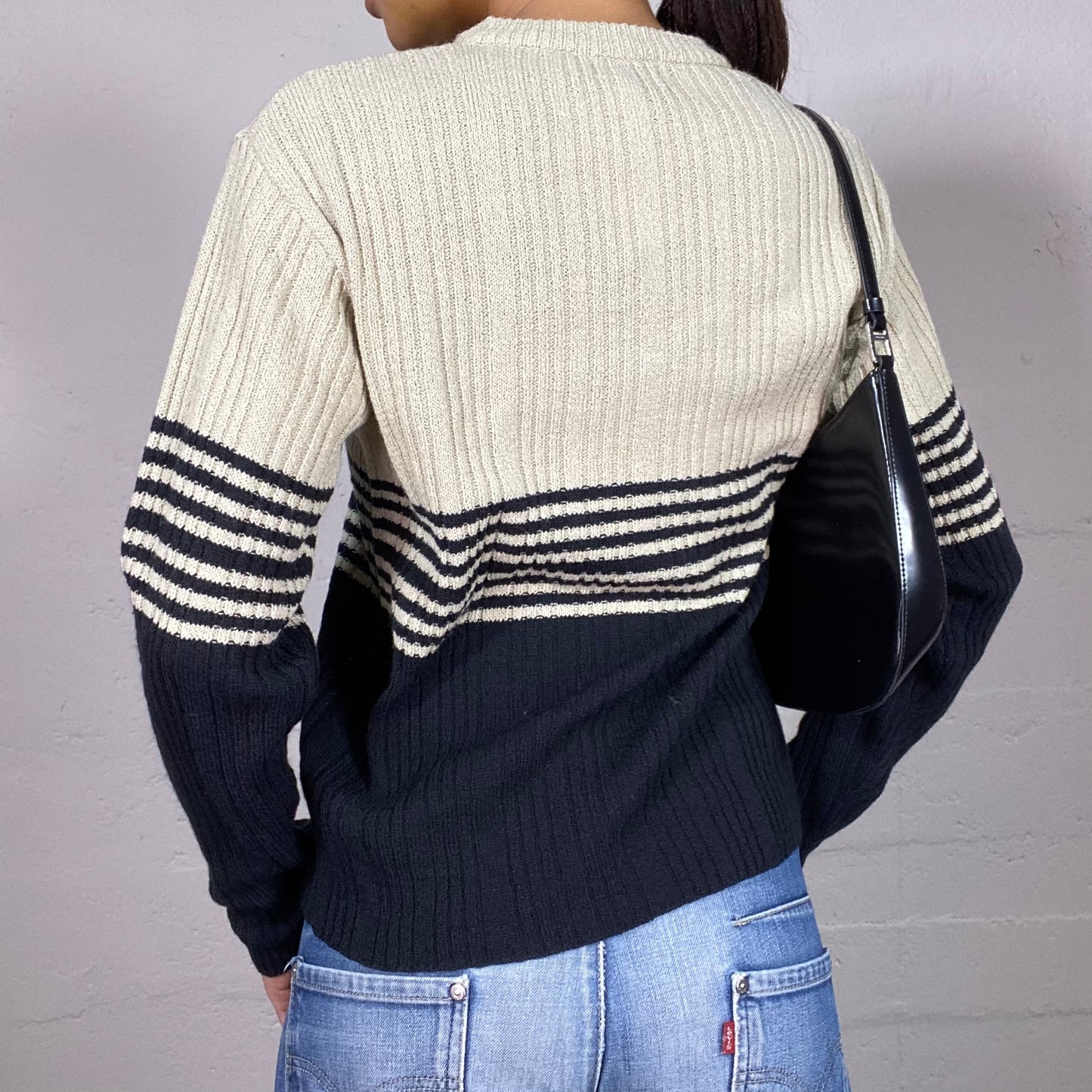 Vintage 90's Joey Off White Pullover with Navy Stripes Print (M/L)