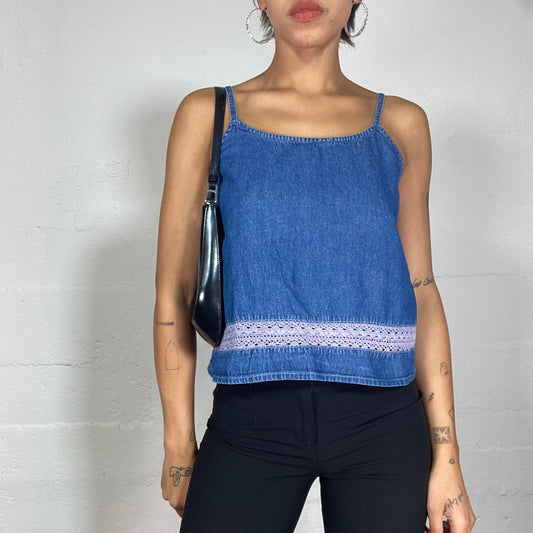 Vintage 90's Hippie Denim Top with Lilac Crochet Trim Detail (S/M)