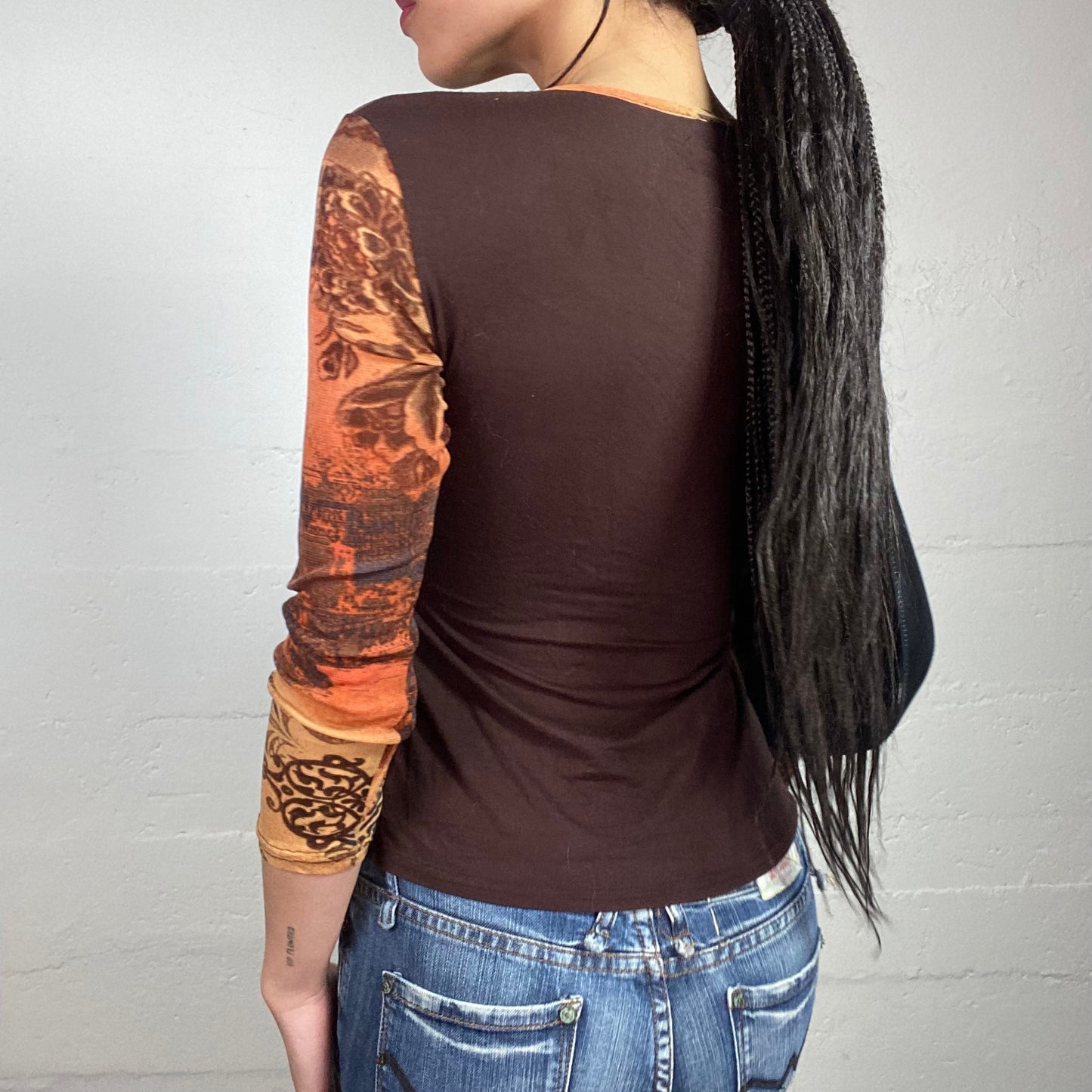 Vintage 2000's Boho Orange & Brown Longsleeve Wrapped Top with Newspaper Print (M)