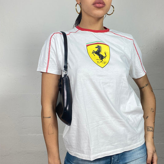 Vintage 2000's Ferrari Sporty White Oversized Tee with Big Yellow Brand Logo Print (M)