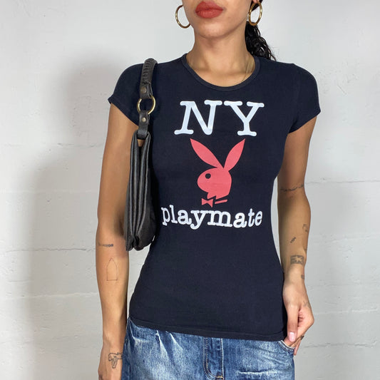 Vintage 2000's Playboy Downtown Girl Black Top with White "NY Playmate" Print and Red Logo Detail (S)