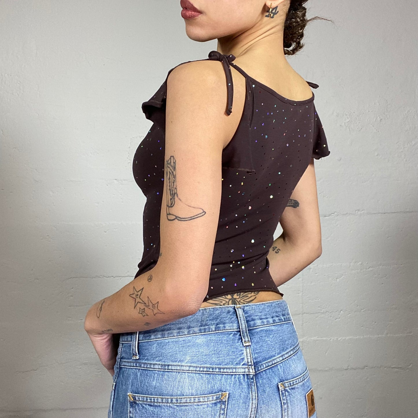 Vintage 2000's Clubwear Brown Top with Strass Covering Detail (S)