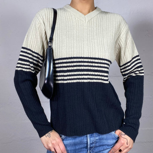 Vintage 90's Joey Off White Pullover with Navy Stripes Print (M/L)