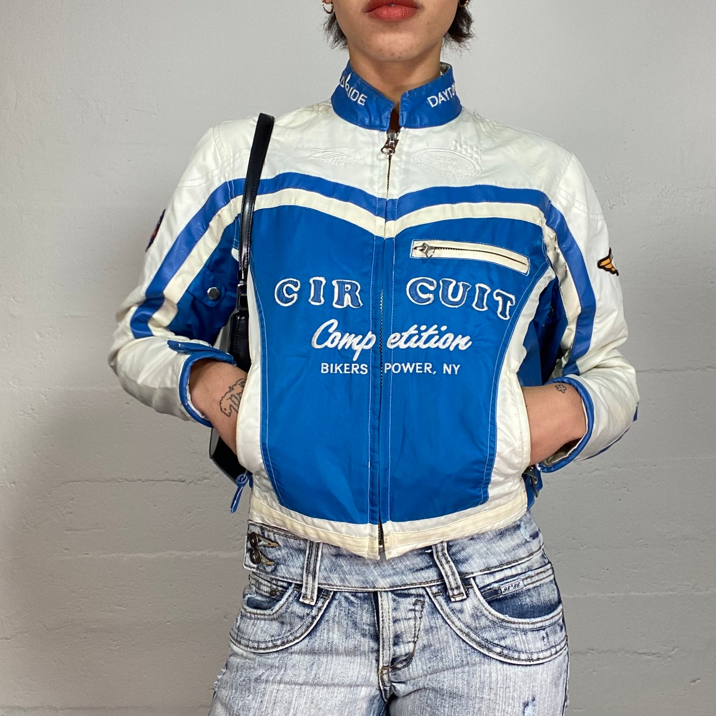 Vintage 2000's Sporty Girl Blue Short Racer Jacket with White Patches (M)