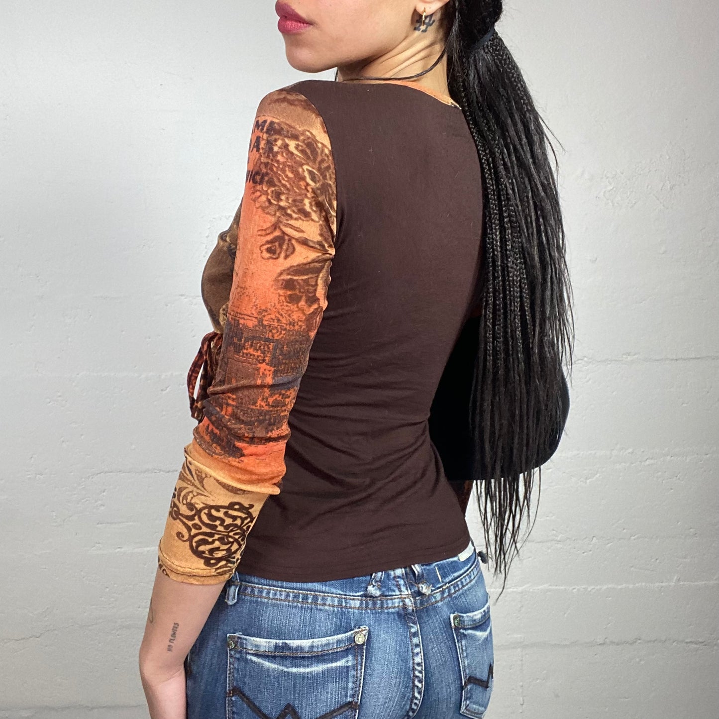 Vintage 2000's Boho Orange & Brown Longsleeve Wrapped Top with Newspaper Print (M)