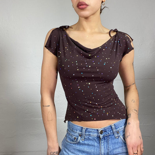 Vintage 2000's Clubwear Brown Top with Strass Covering Detail (S)