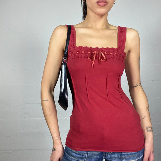 Vintage 2000's Romantic Red Top with Satin Ribbon Trim Detail (S)