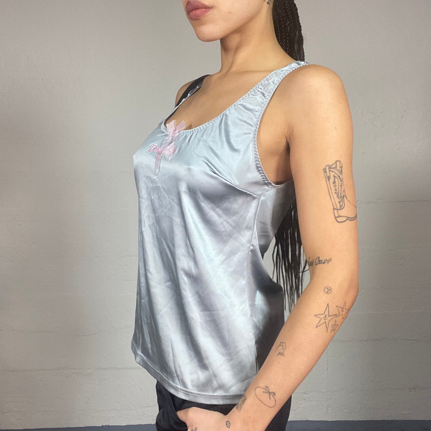 Vintage 90's Denny Rose Coquette Grey Satin Top with Pink Brand Embroidery and Ribbon Detail (S/M)