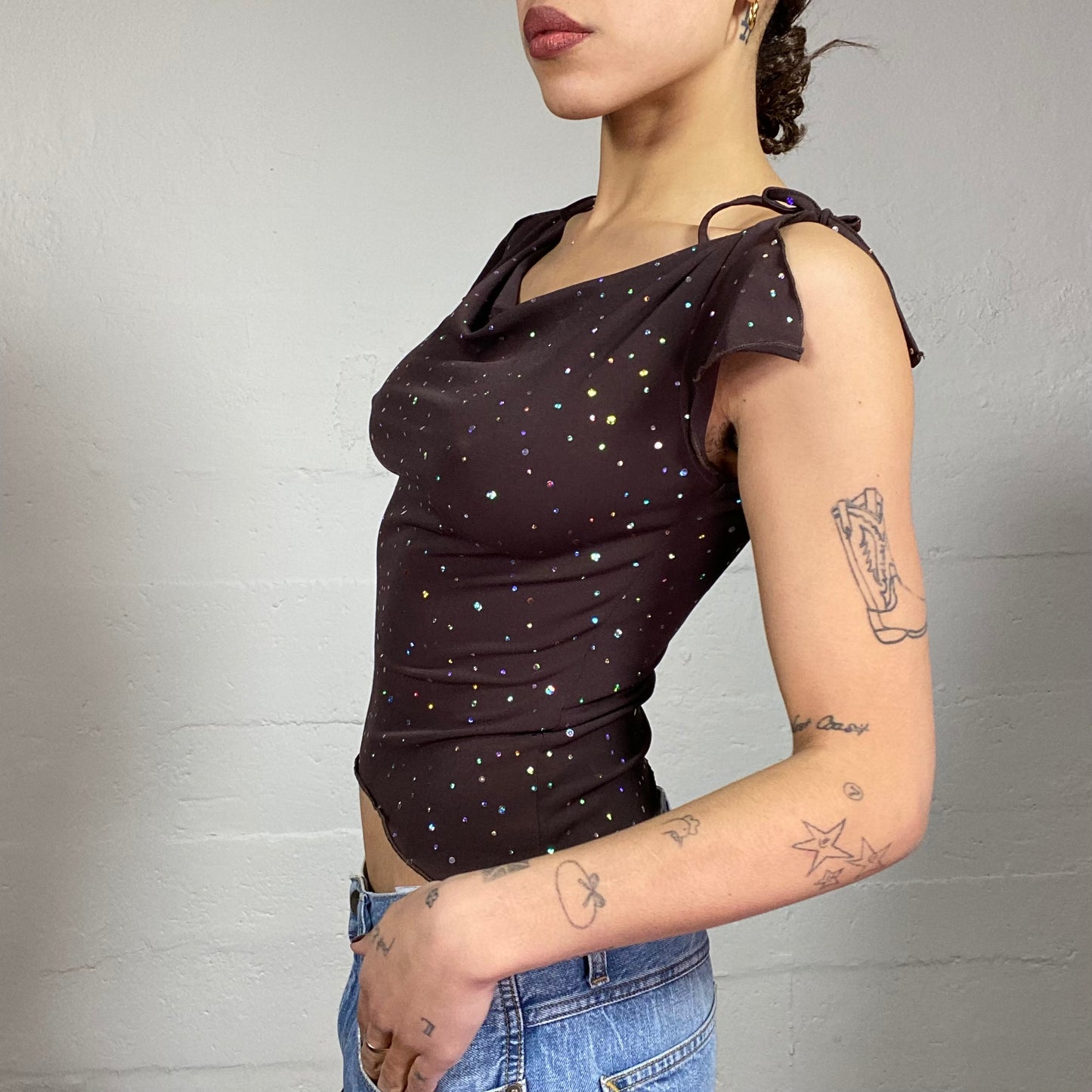 Vintage 2000's Clubwear Brown Top with Strass Covering Detail (S)