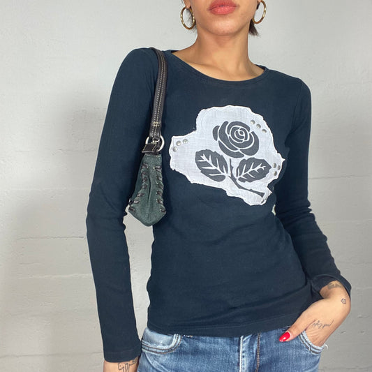 Vintage 90's Archive Black Longsleeve Top with Patched Rose Detail (S)