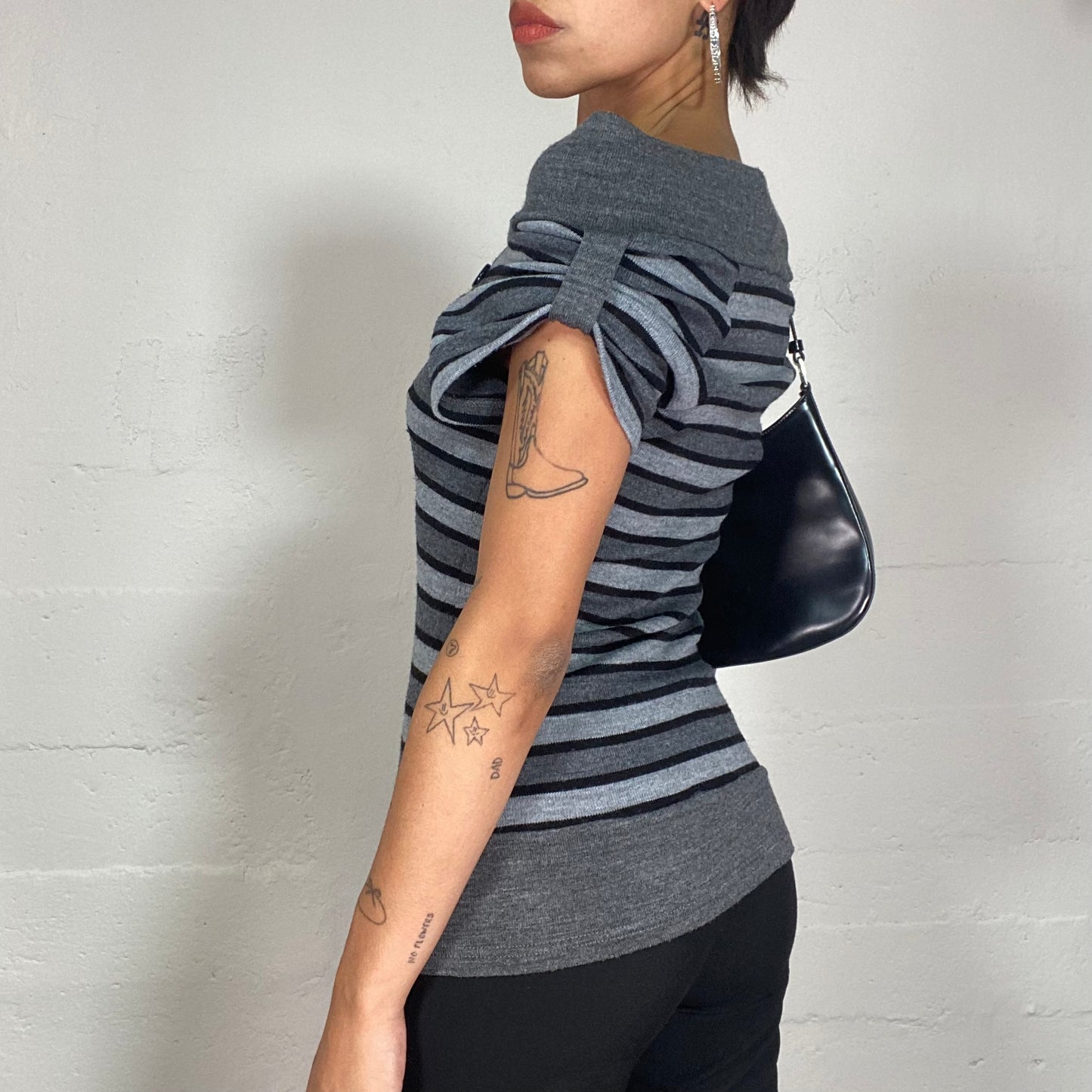 Vintage 2000's Ballet Grey Knitted Top with Stripped Print and Buttons Detail (S/M)