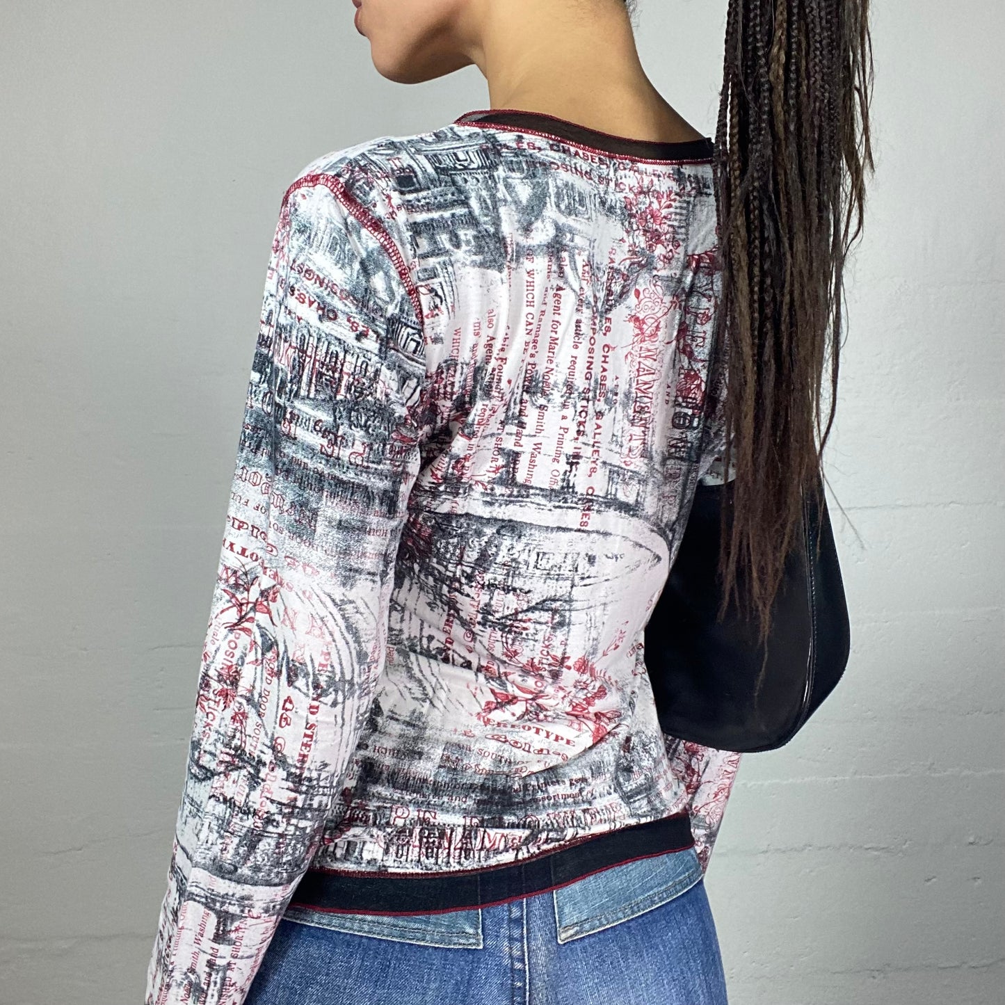 Vintage 2000's Downtown Girl White Longsleeve Top with Red Typography Print (M)